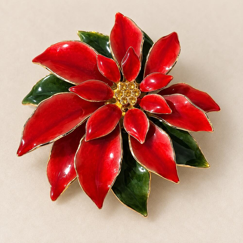 Vintage large enamel poinsettia Christmas flower brooch